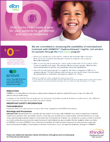 Eton Cares flashcard with smiling kid over purple background and images of $0 copay and Anovo Specialty Pharmacy logo.